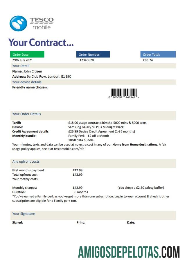 imprimível Modelo de fatura de serviços públicos móveis Tesco do Reino Unido em formato Word e PDF